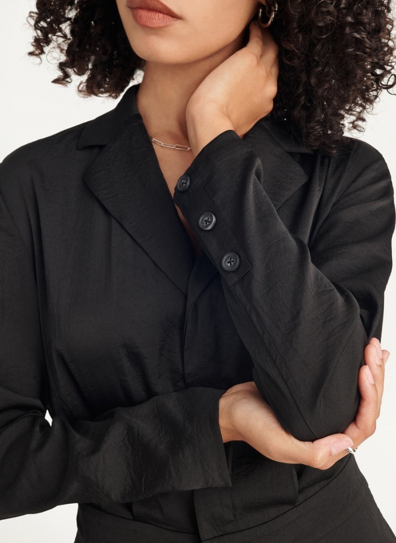 Women's Dkny Long Sleeve Button Front With Lapel Jumpsuit Black | E7496402