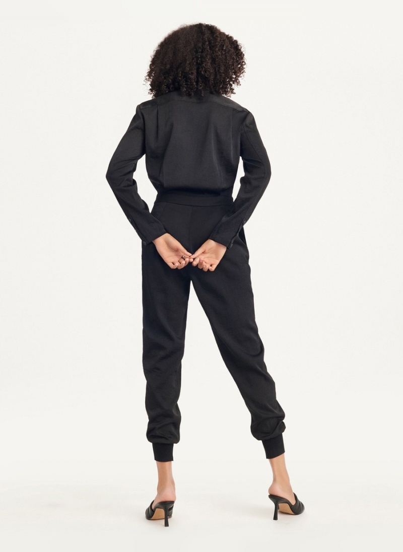 Women's Dkny Long Sleeve Button Front With Lapel Jumpsuit Black | E7496402