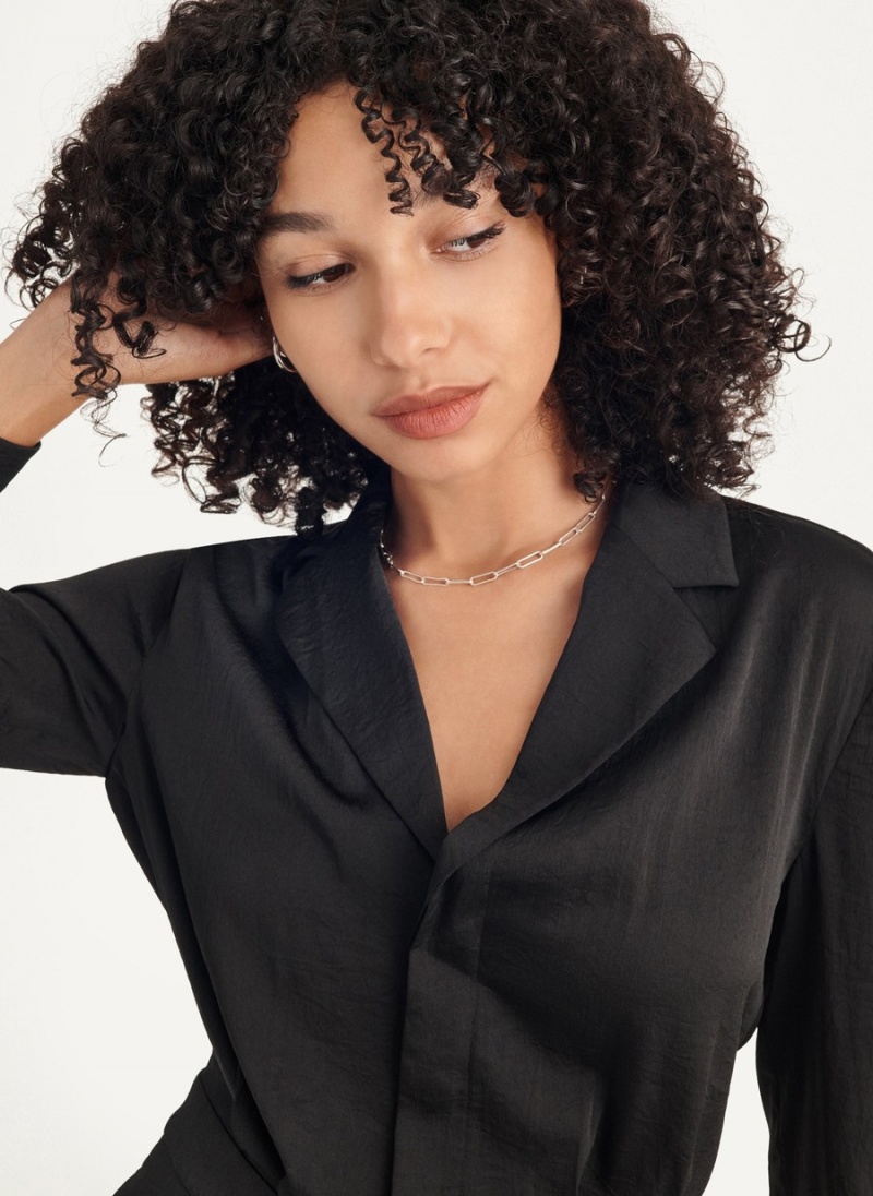 Women's Dkny Long Sleeve Button Front With Lapel Jumpsuit Black | E7496402