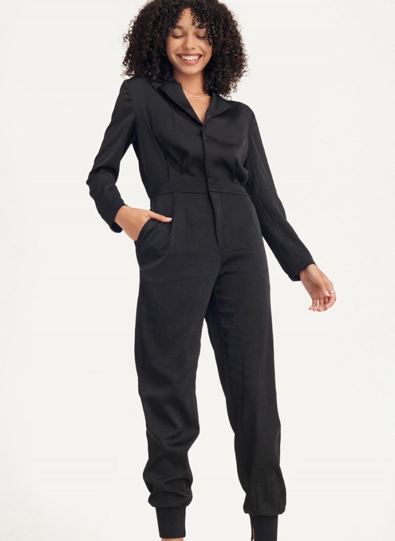 Women\'s Dkny Long Sleeve Button Front With Lapel Jumpsuit Black | E7496402