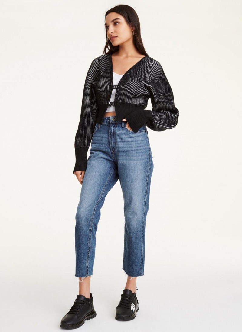 Women's Dkny Long Sleeve Contrast Rib Cardigan Black | G9114440