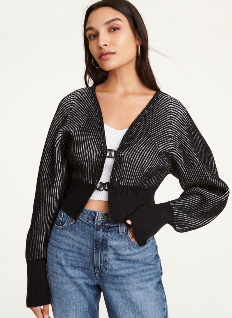 Women\'s Dkny Long Sleeve Contrast Rib Cardigan Black | G9114440