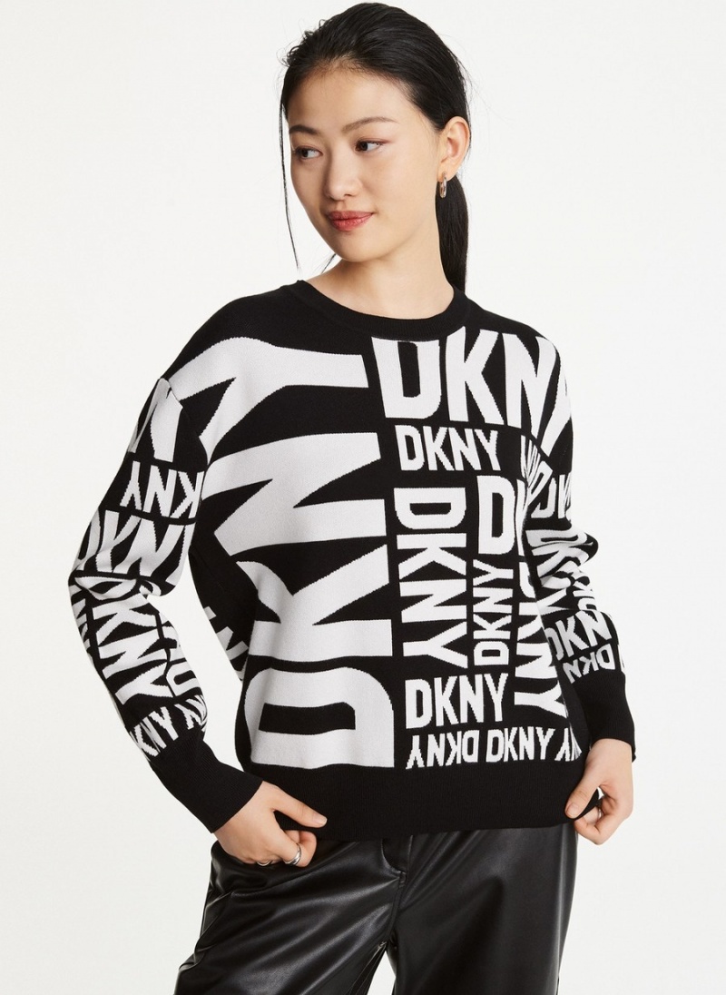 Women's Dkny Long Sleeve Crew Neck Exploded Logo Sweaters Black | M2145198