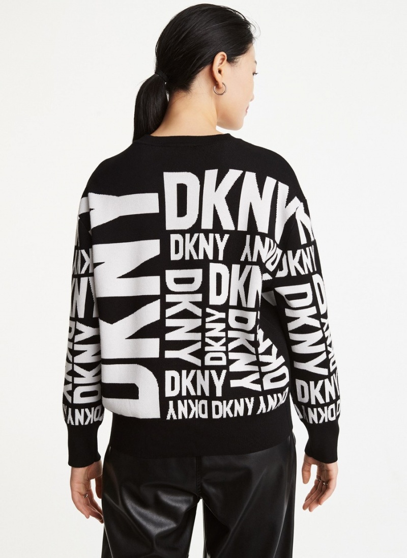 Women's Dkny Long Sleeve Crew Neck Exploded Logo Sweaters Black | M2145198