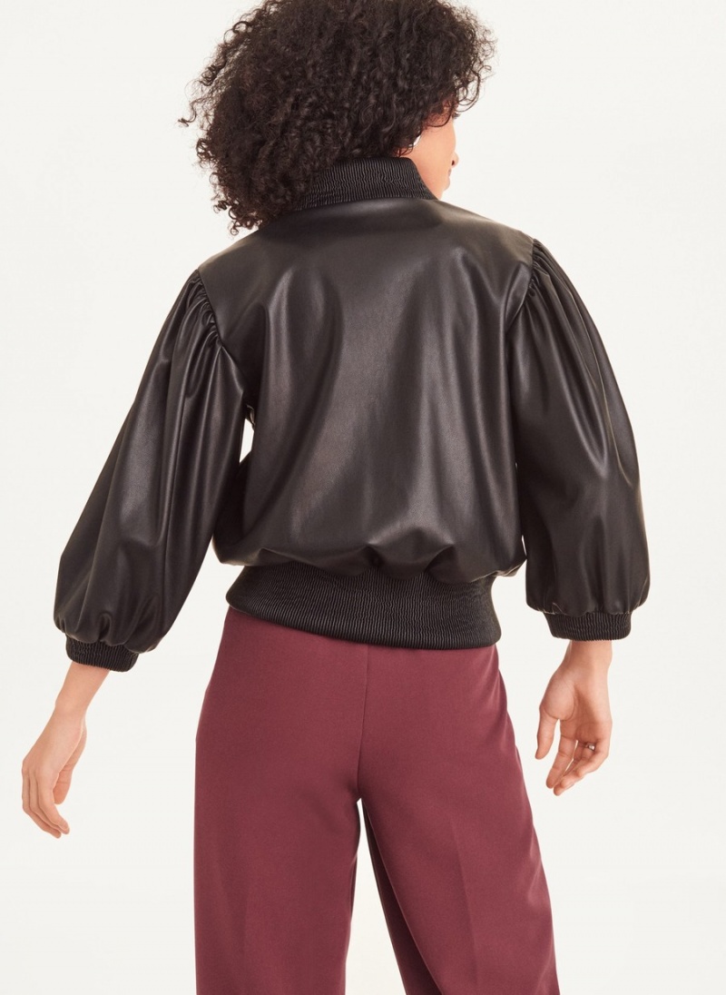Women's Dkny Long Sleeve Faux Leather Puff Sleeve Crop Bomber Jackets Black | X3220580
