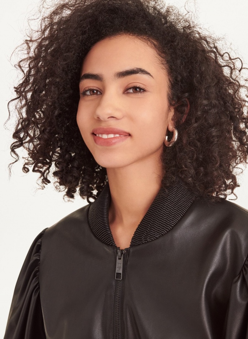 Women's Dkny Long Sleeve Faux Leather Puff Sleeve Crop Bomber Jackets Black | X3220580