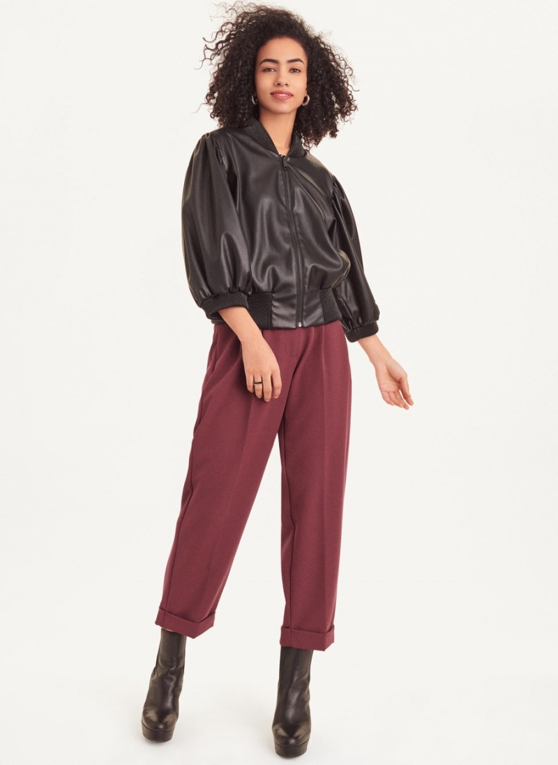 Women's Dkny Long Sleeve Faux Leather Puff Sleeve Crop Bomber Jackets Black | X3220580