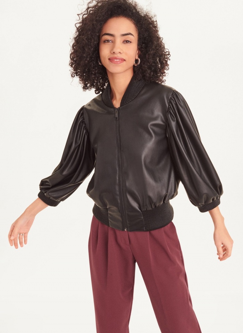 Women\'s Dkny Long Sleeve Faux Leather Puff Sleeve Crop Bomber Jackets Black | X3220580