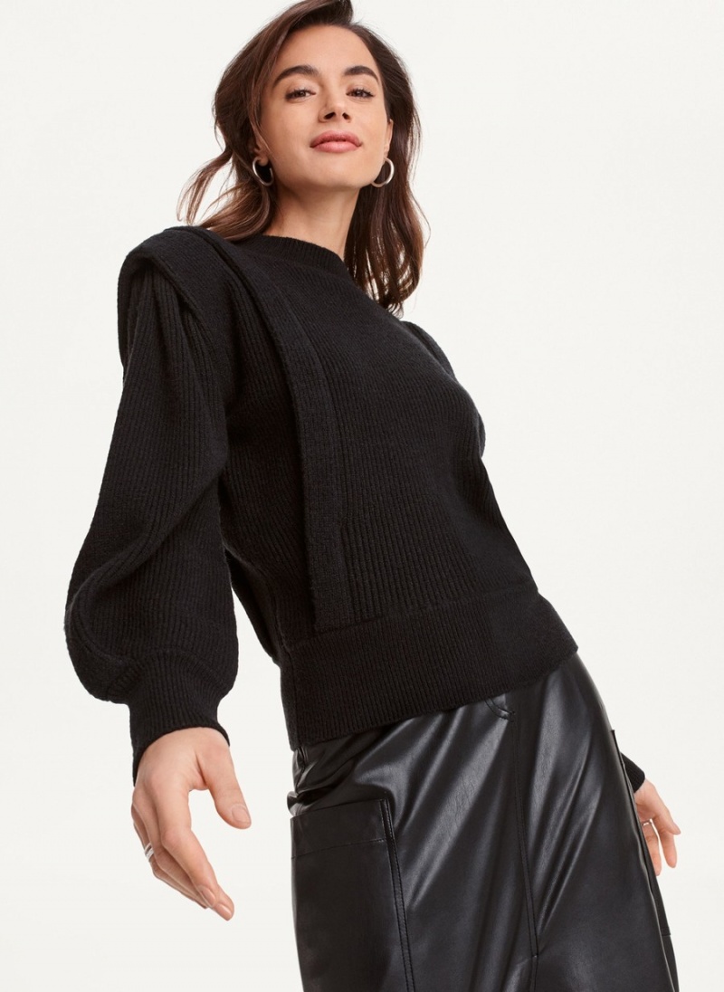 Women's Dkny Long Sleeve Flange Crew Neck Sweaters Black | W4736201