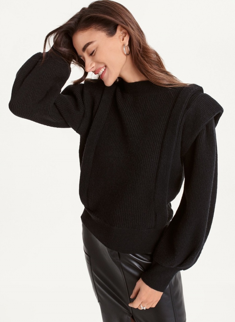 Women\'s Dkny Long Sleeve Flange Crew Neck Sweaters Black | W4736201