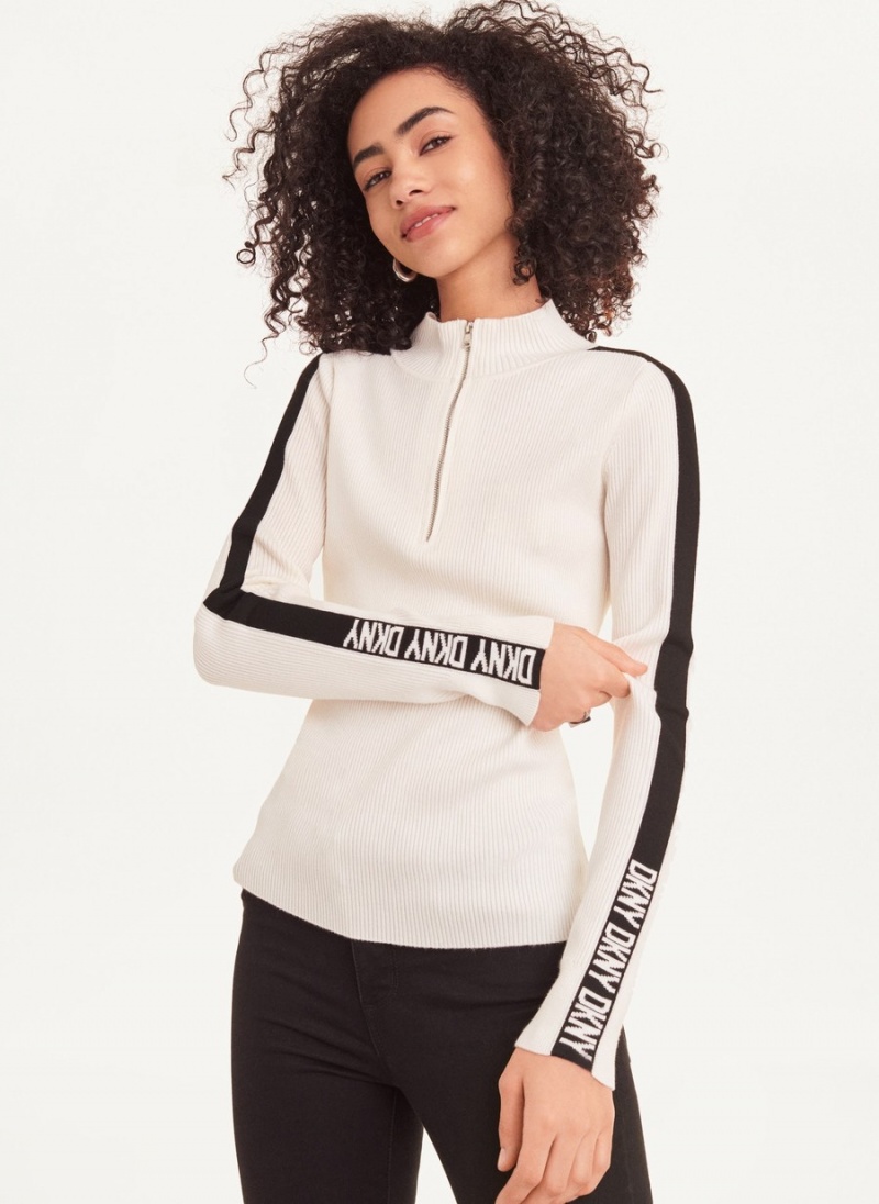 Women's Dkny Long Sleeve Half Zip Logo Tape Sweaters White | Q7213165
