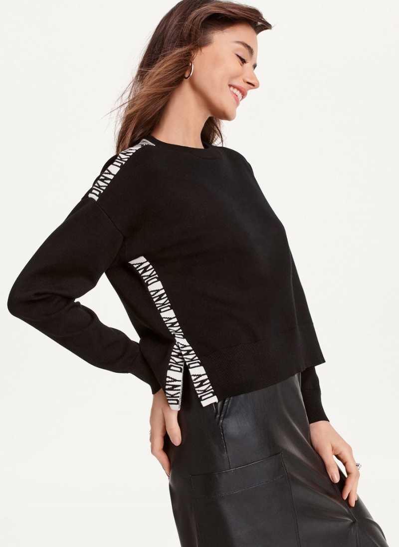 Women's Dkny Long Sleeve Logo Tape Sweaters Black | P5510504