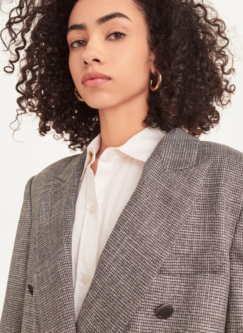 Women's Dkny Long Sleeve Metallic Houndstooth Blazer Grey | F4425004