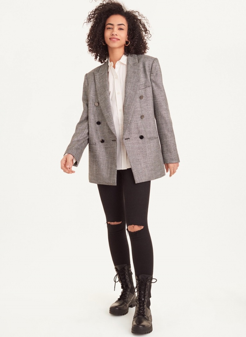 Women's Dkny Long Sleeve Metallic Houndstooth Blazer Grey | F4425004