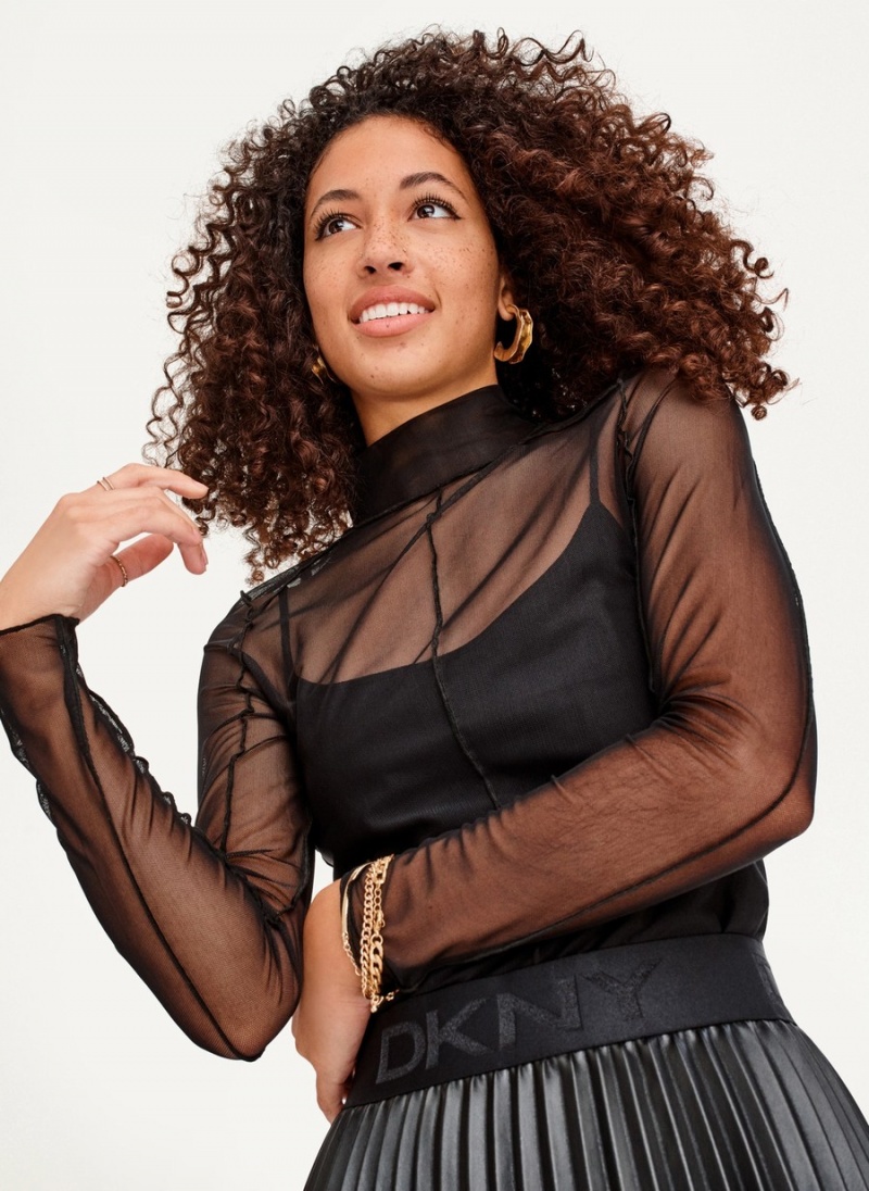 Women's Dkny Long Sleeve Mock Neck Exposed Seam Blouse Black | C0353471