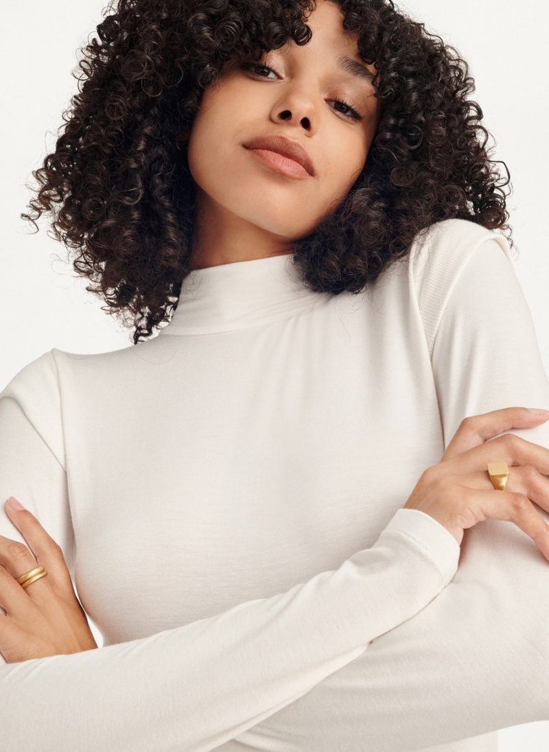 Women's Dkny Long Sleeve Mockneck Sholder Pad Bodysuit White | O0162996