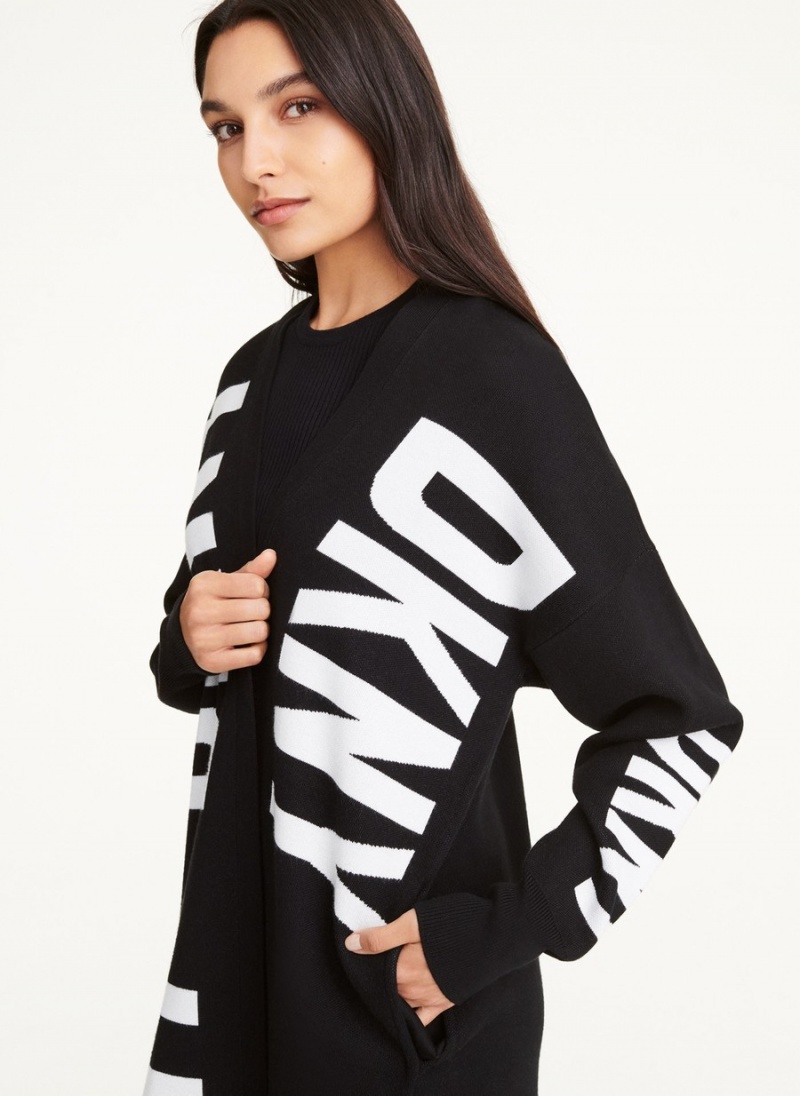Women's Dkny Long Sleeve Open Front Oversize Logo Cardigan Black | E5238665