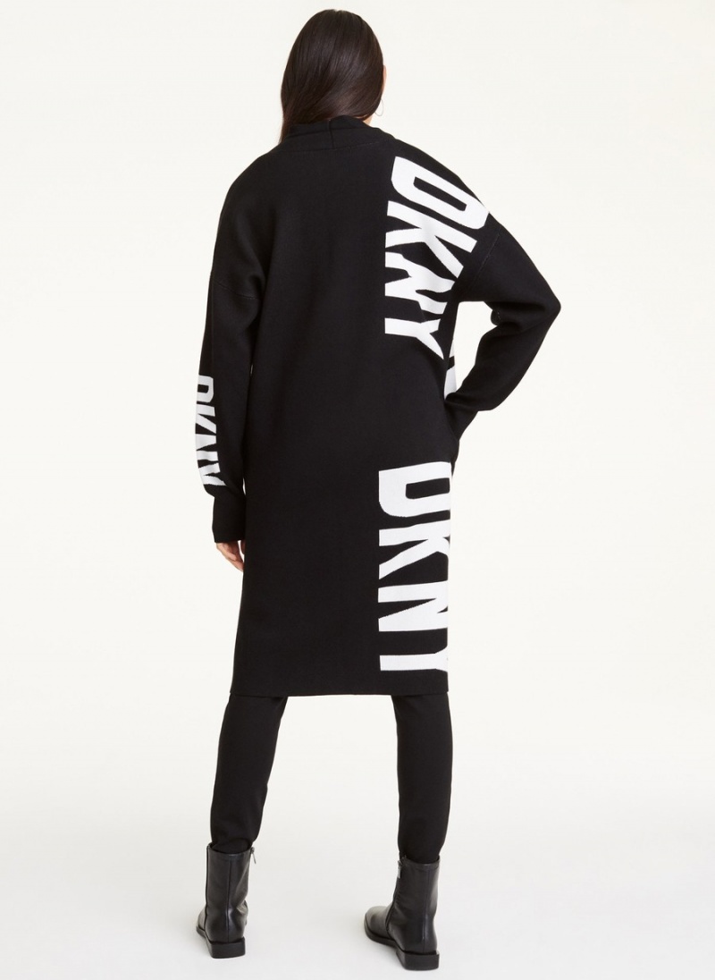 Women's Dkny Long Sleeve Open Front Oversize Logo Cardigan Black | E5238665