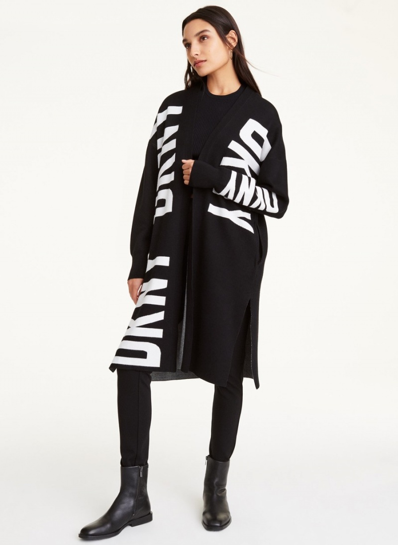 Women's Dkny Long Sleeve Open Front Oversize Logo Cardigan Black | E5238665