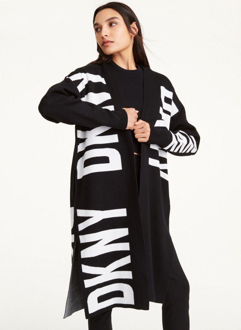Women\'s Dkny Long Sleeve Open Front Oversize Logo Cardigan Black | E5238665