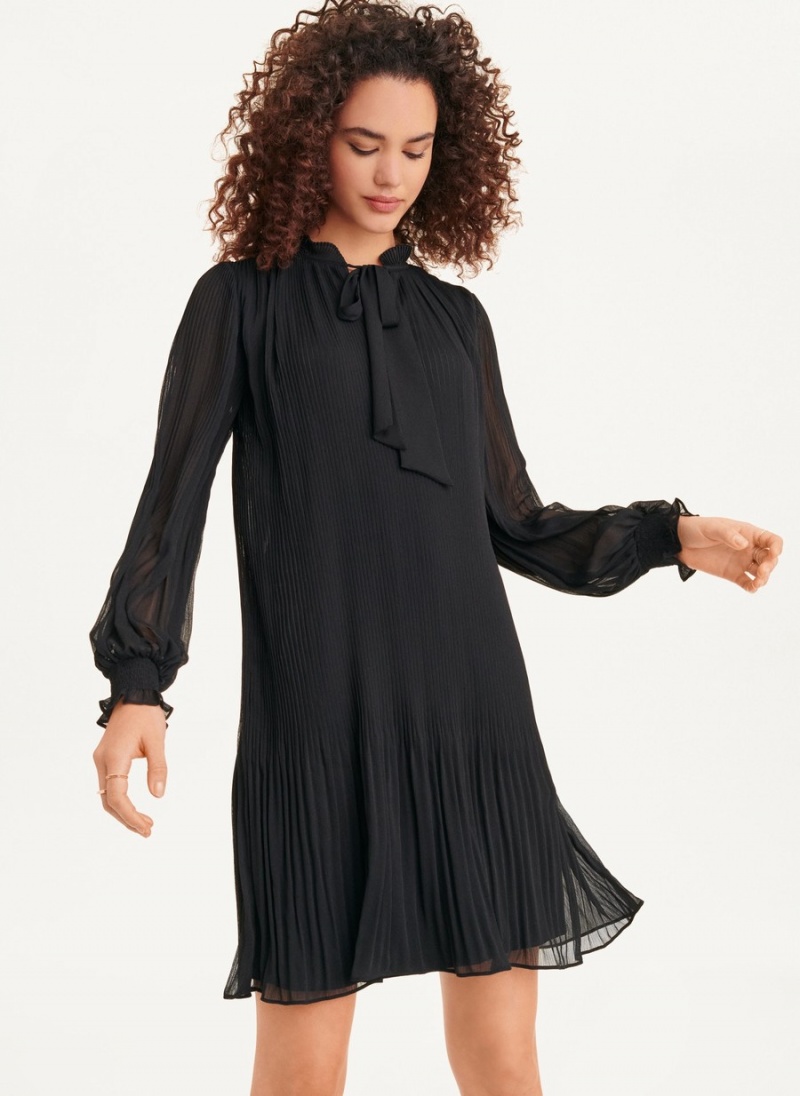 Women\'s Dkny Long Sleeve Pleated A-Line Dress Black | S4106500