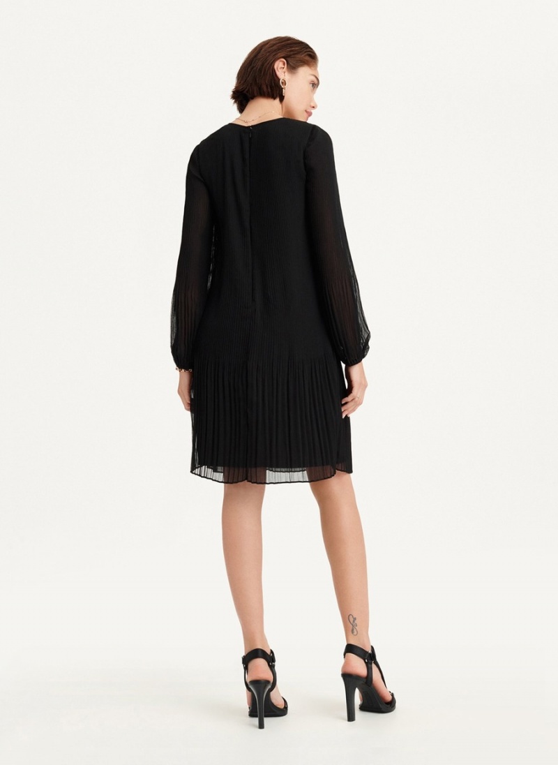 Women's Dkny Long Sleeve Pleated A Line Dress Black | M5206921