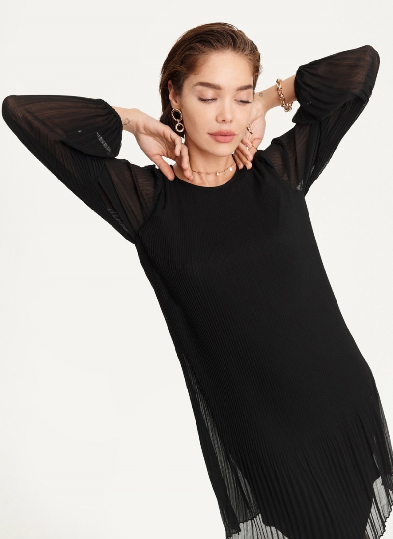 Women's Dkny Long Sleeve Pleated A Line Dress Black | M5206921