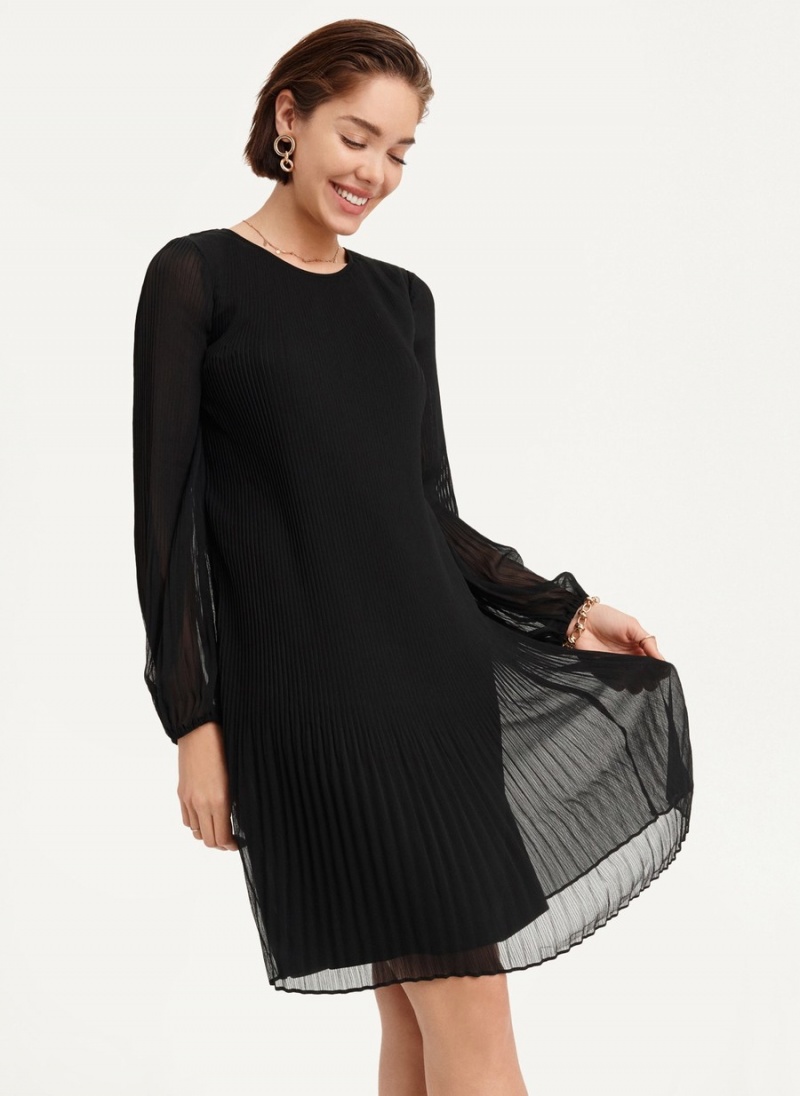 Women's Dkny Long Sleeve Pleated A Line Dress Black | M5206921