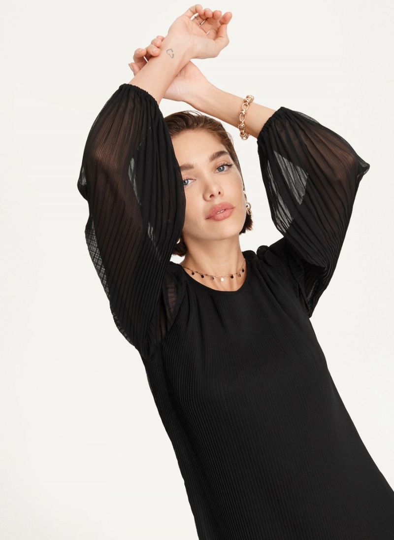 Women's Dkny Long Sleeve Pleated A Line Dress Black | M5206921