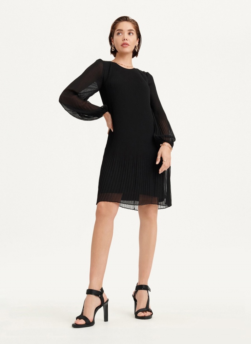 Women's Dkny Long Sleeve Pleated A Line Dress Black | M5206921