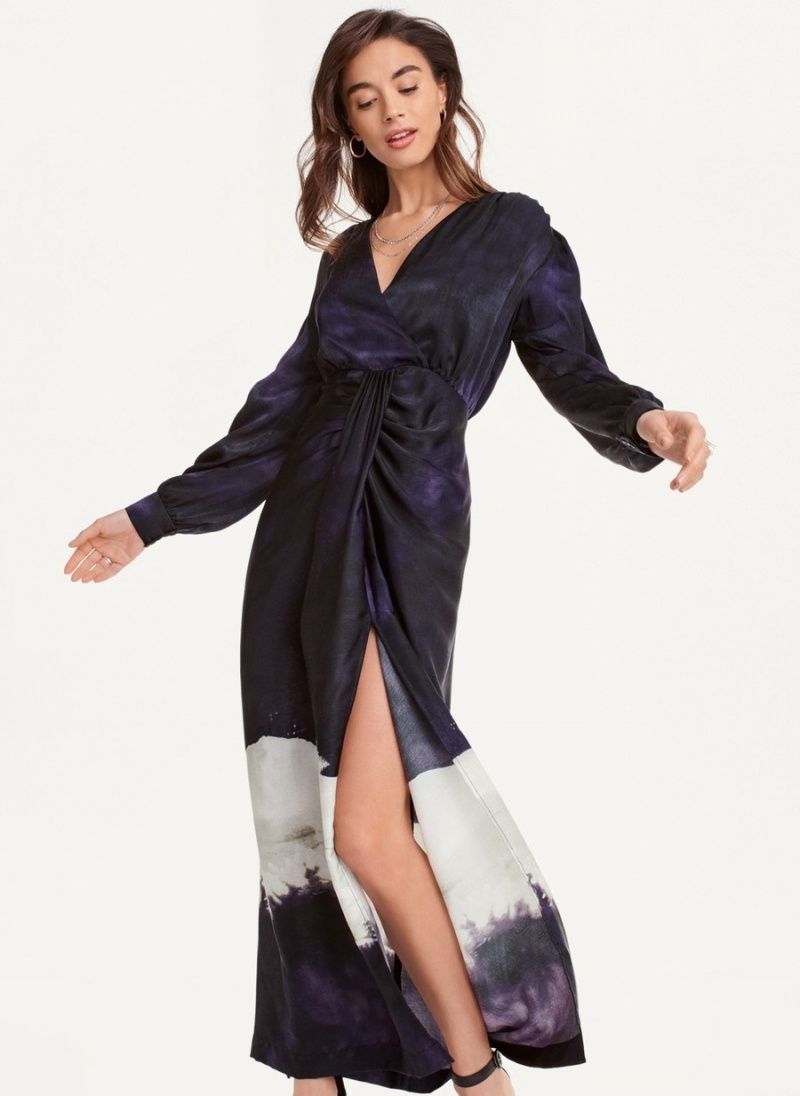 Women's Dkny Long Sleeve Print V Neck Maxi Dress Black | G9440054
