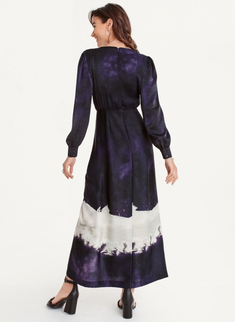 Women's Dkny Long Sleeve Print V Neck Maxi Dress Black | G9440054
