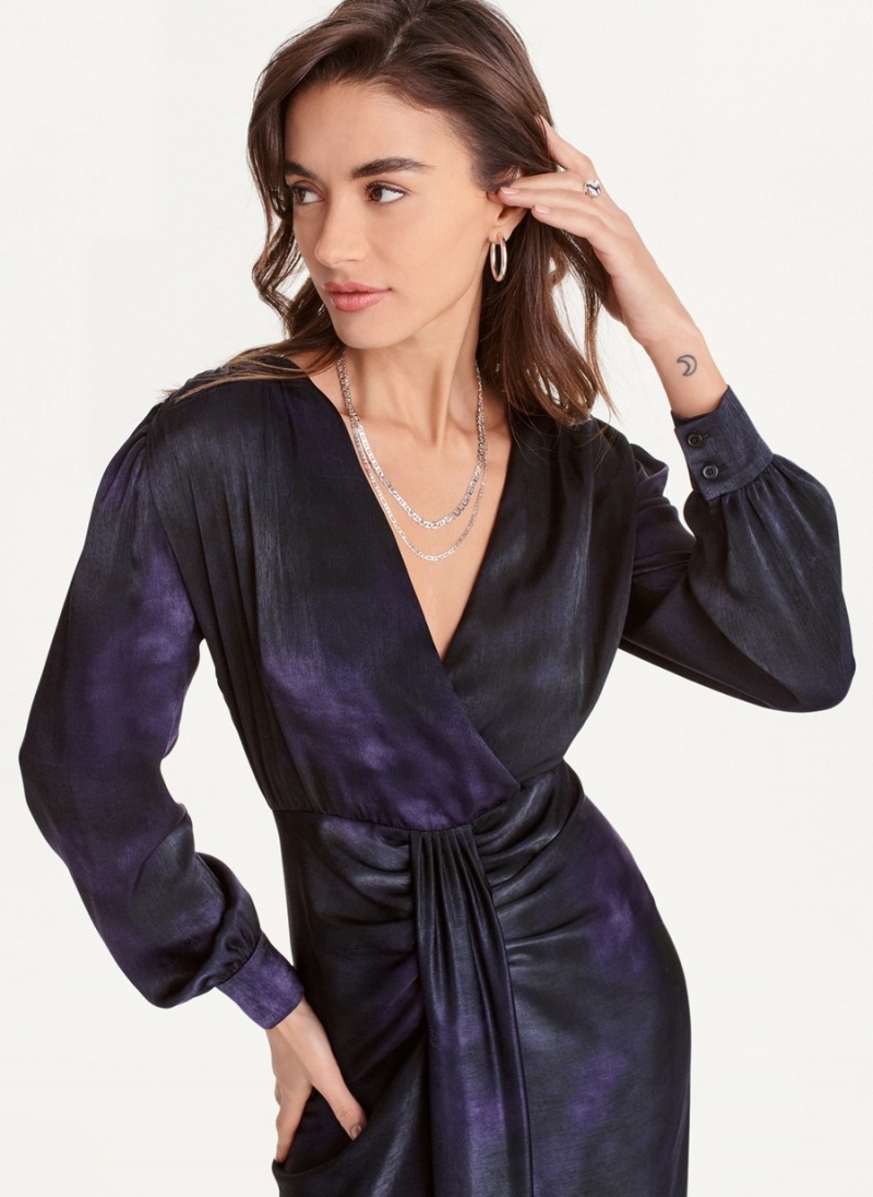 Women's Dkny Long Sleeve Print V Neck Maxi Dress Black | G9440054