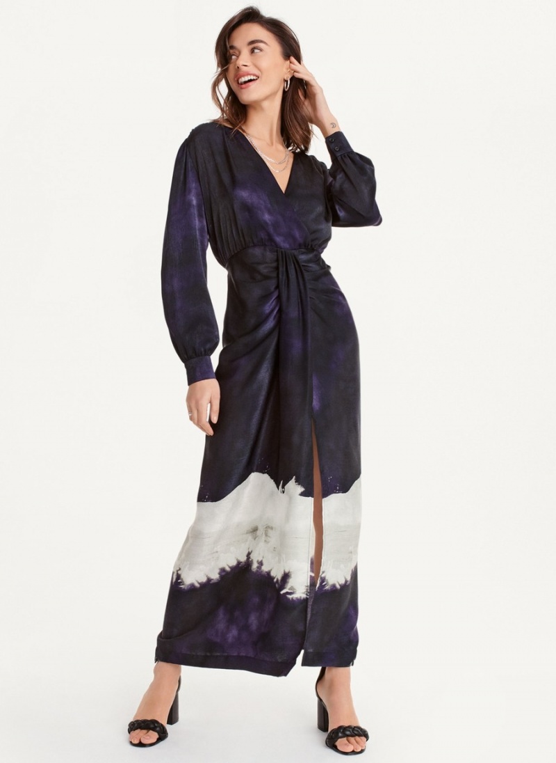 Women\'s Dkny Long Sleeve Print V Neck Maxi Dress Black | G9440054