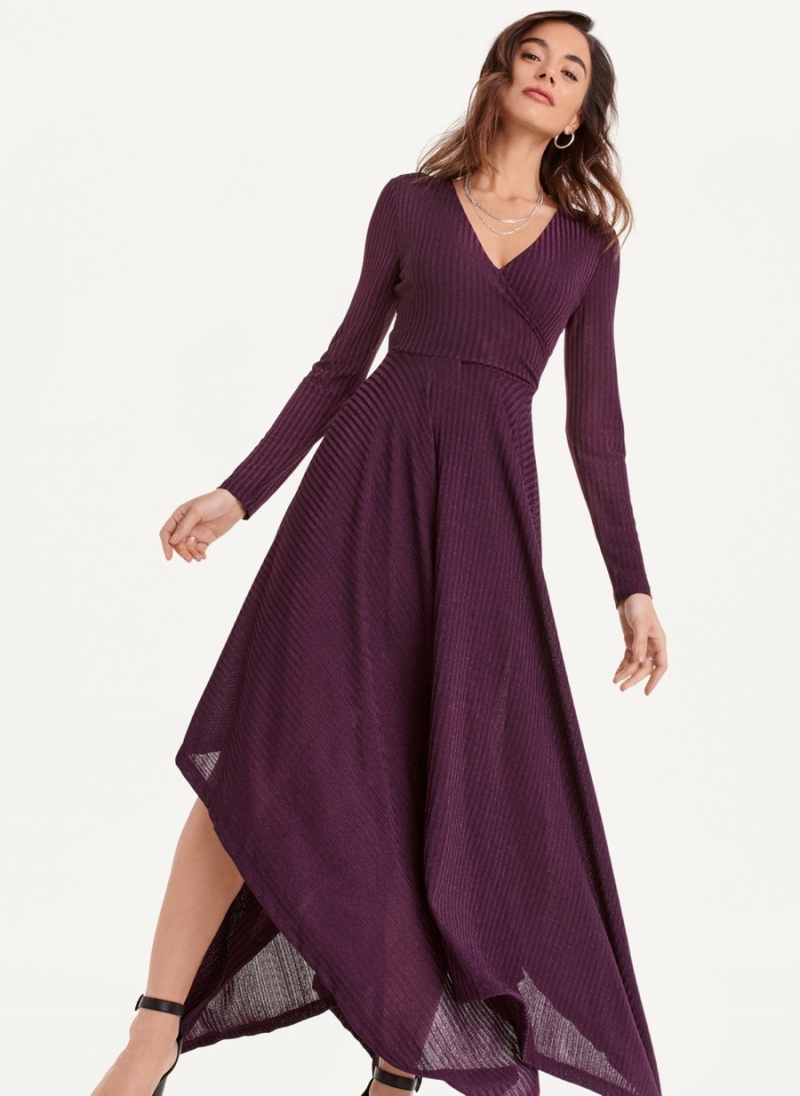 Women's Dkny Long Sleeve Rib Hacci Wrap Maxi Dress Purple | L6031601