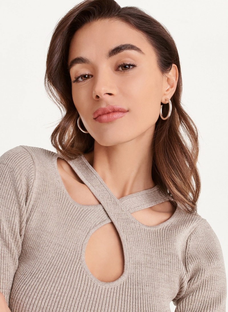 Women's Dkny Long Sleeve Rib Lurex Cut Out Sweaters Grey | N4789066