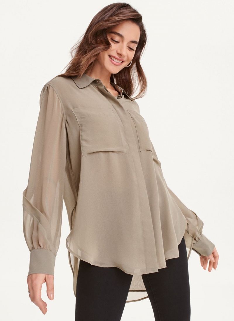 Women's Dkny Long Sleeve Ruffle Sleeve Chiffon Blouse Black | I6342266