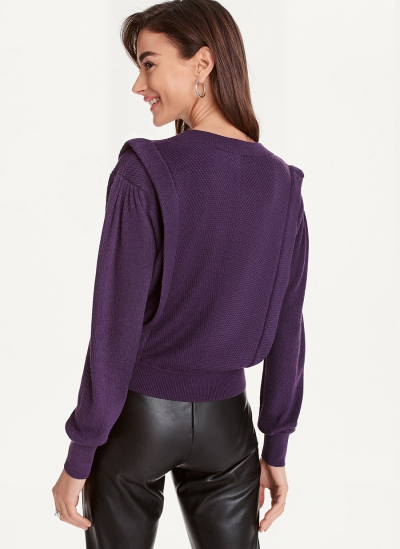 Women's Dkny Long Sleeve V-Neck Flange Sweaters Purple | E2374246