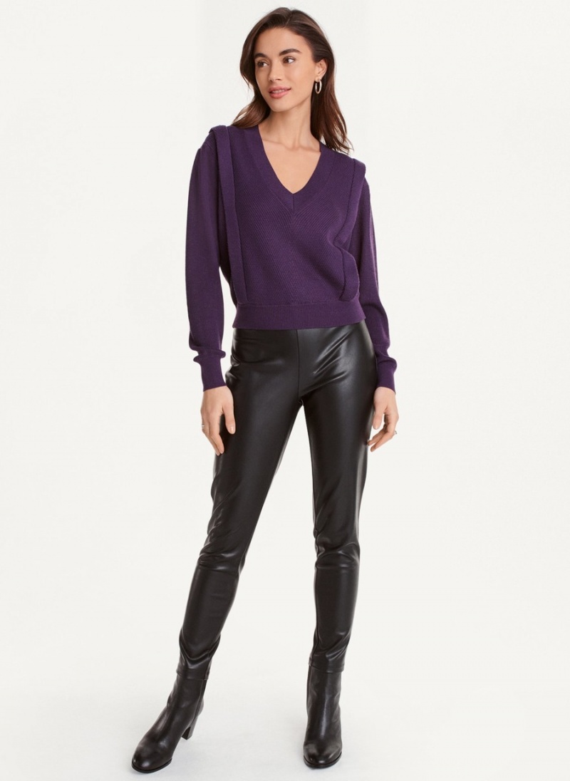 Women's Dkny Long Sleeve V-Neck Flange Sweaters Purple | E2374246