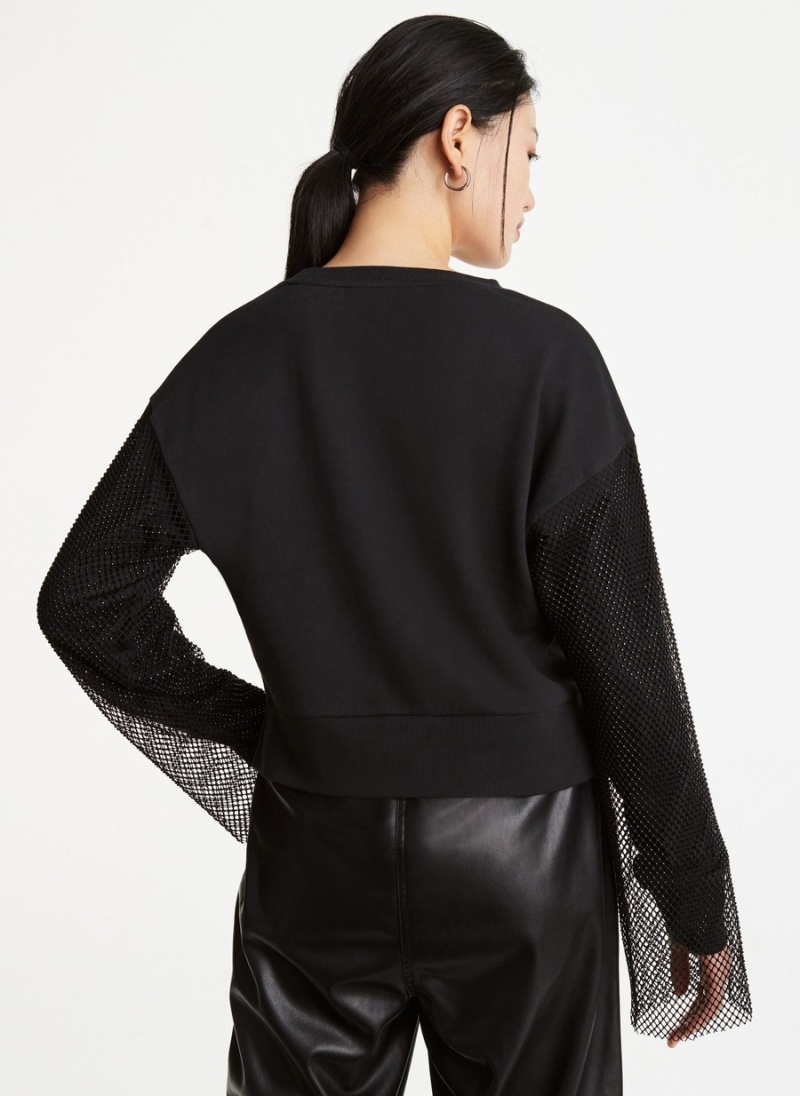 Women's Dkny Long Sleeve With Crystal Mesh Overlay Sleeves Sweatshirts Black | S1775354