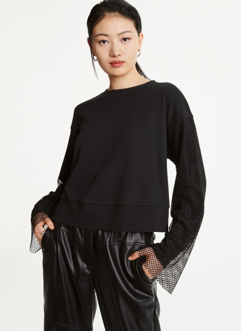 Women's Dkny Long Sleeve With Crystal Mesh Overlay Sleeves Sweatshirts Black | S1775354