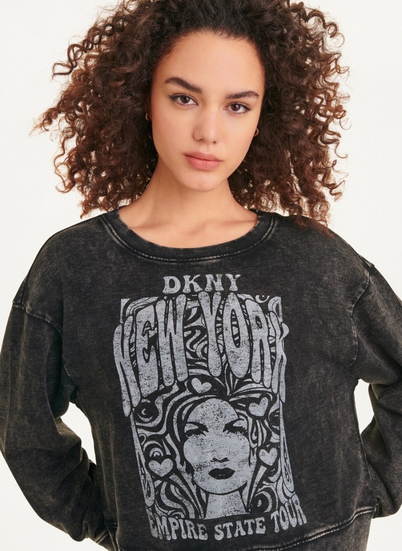 Women's Dkny Long Sleeve With Tour Graphic Sweatshirts Black | J9023825