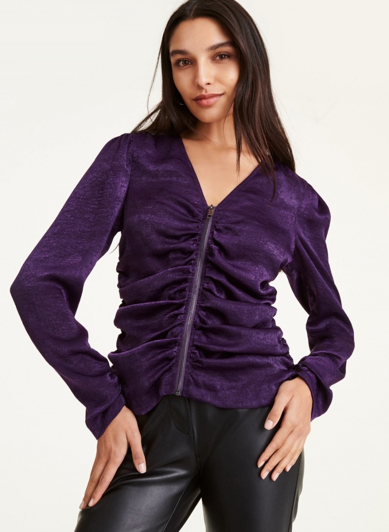 Women's Dkny Long Sleeve Zip Front Satin Blouse Black | N8210405