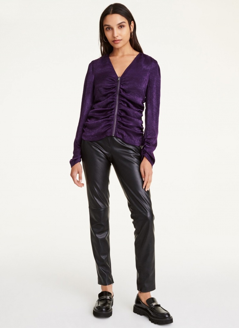 Women\'s Dkny Long Sleeve Zip Front Satin Blouse Black | N8210405