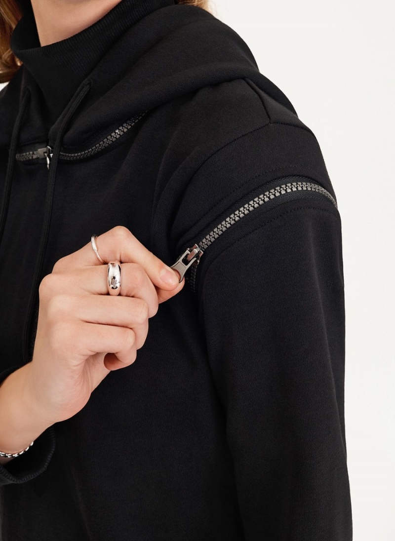 Women's Dkny Long Sleeve Zipper Shoulder With Detachable Hood Sweatshirts Black | P8058743
