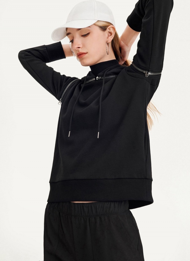 Women's Dkny Long Sleeve Zipper Shoulder With Detachable Hood Sweatshirts Black | P8058743
