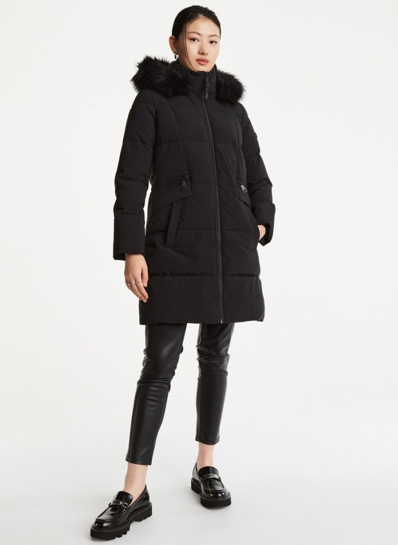 Women\'s Dkny Long With Double Pockets Puffer Jacket Black | B2115813