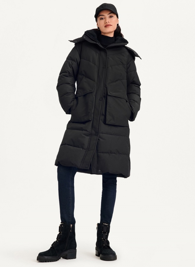Women's Dkny Long With Faux Fur Hood Puffer Jacket Black | C1104098