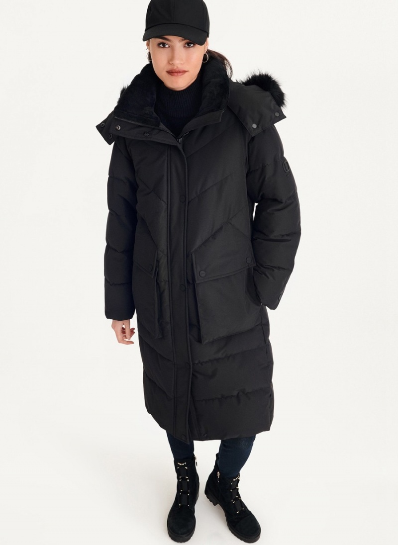 Women\'s Dkny Long With Faux Fur Hood Puffer Jacket Black | C1104098