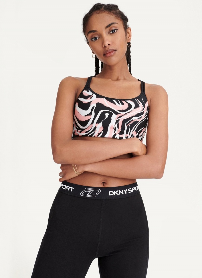 Women's Dkny Marble Swirl Print Strappy Sports Bra Black | P3241043